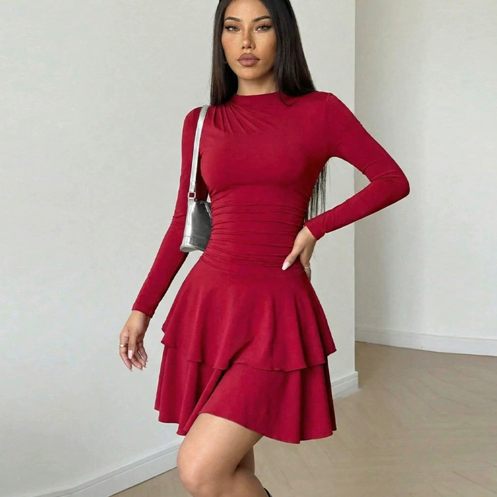 ZARA Trendy Slim Long Sleeve Ruffle Midi Dress for Women